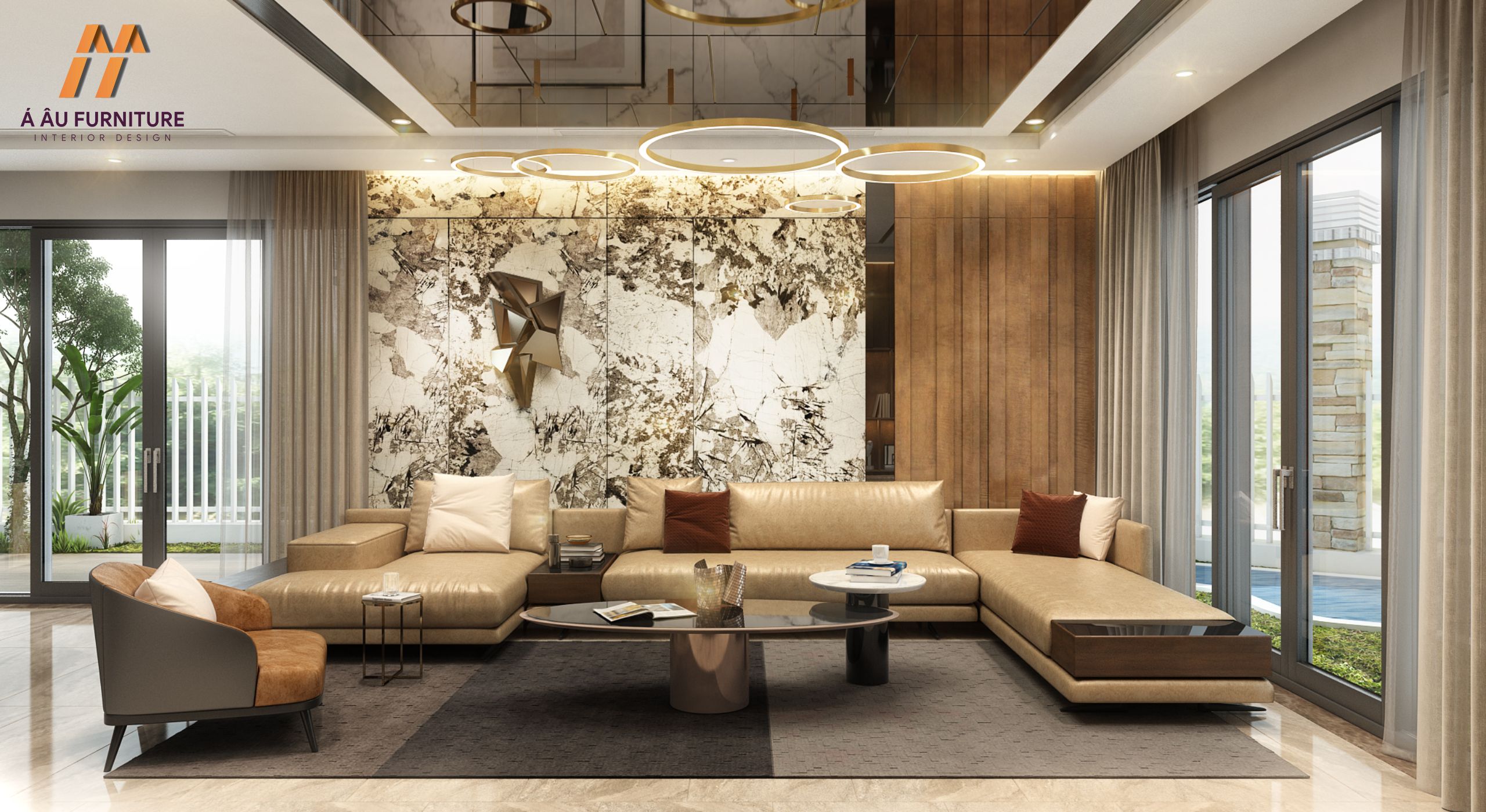 Thiết kế nội thất biệt thự đơn lập đẹp - Sang trọng - Đón đầu mọi xu thế Phòng khách biệt thự hiện đại với tông màu vàng kem ấm áp