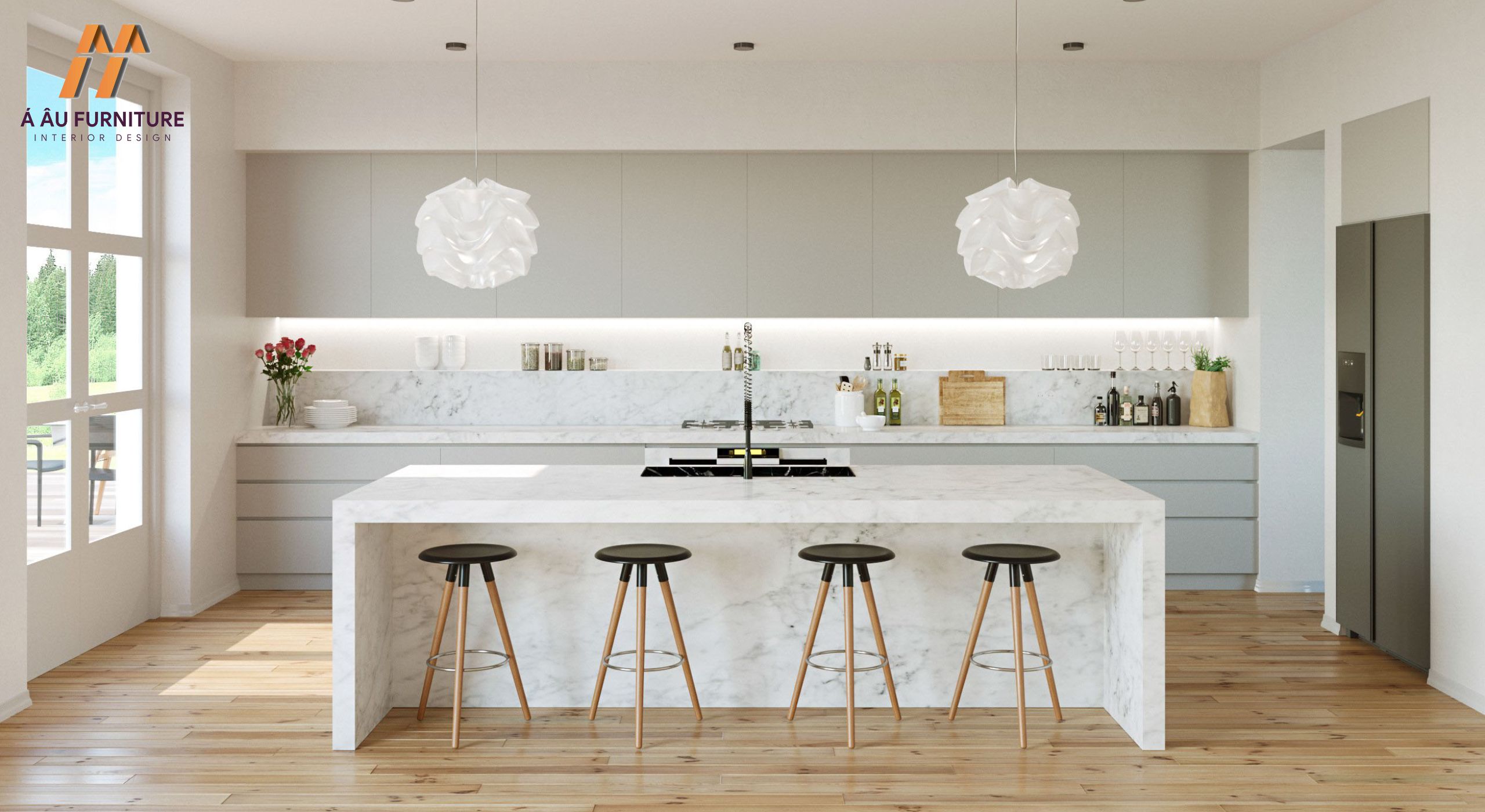 Mẫu trang trí phòng bếp nhà cấp 4 với tông trắng