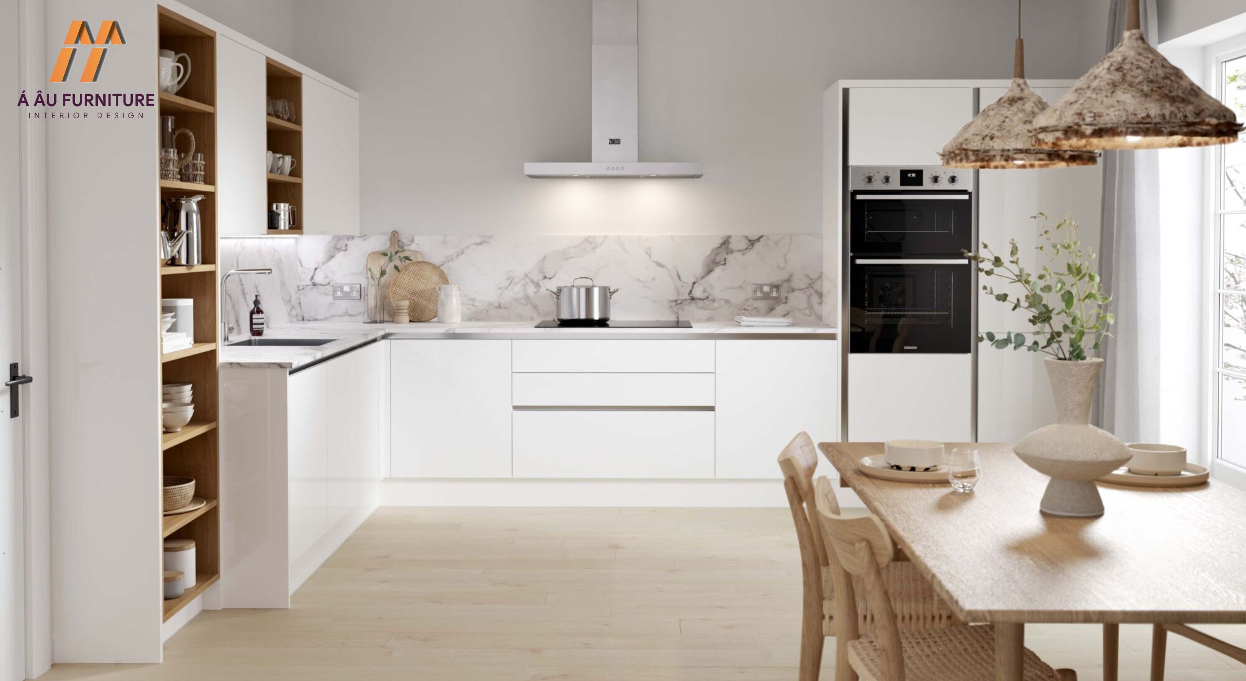 Mẫu trang trí phòng bếp nhà cấp 4 với tông trắng