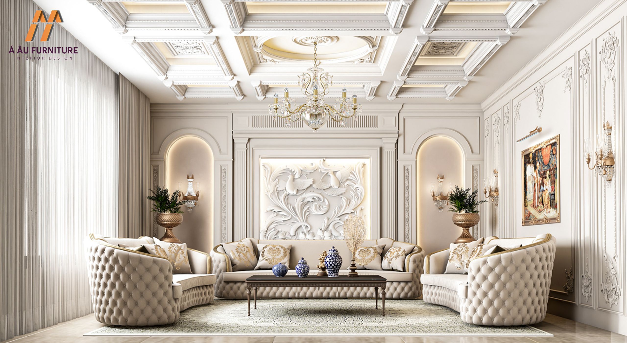 Mẫu phòng khách cổ điển với gam màu nhẹ nhàng, thanh lịch