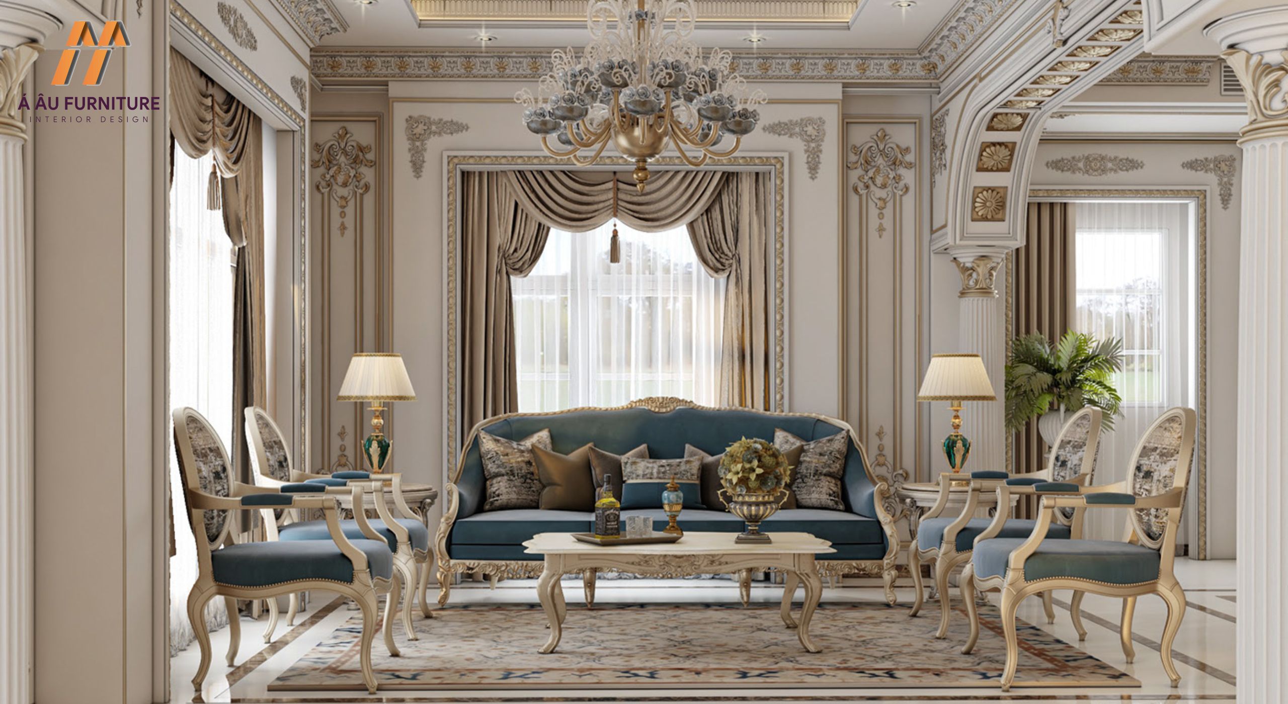 Mẫu phòng khách cổ điển với gam màu nhẹ nhàng, thanh lịch