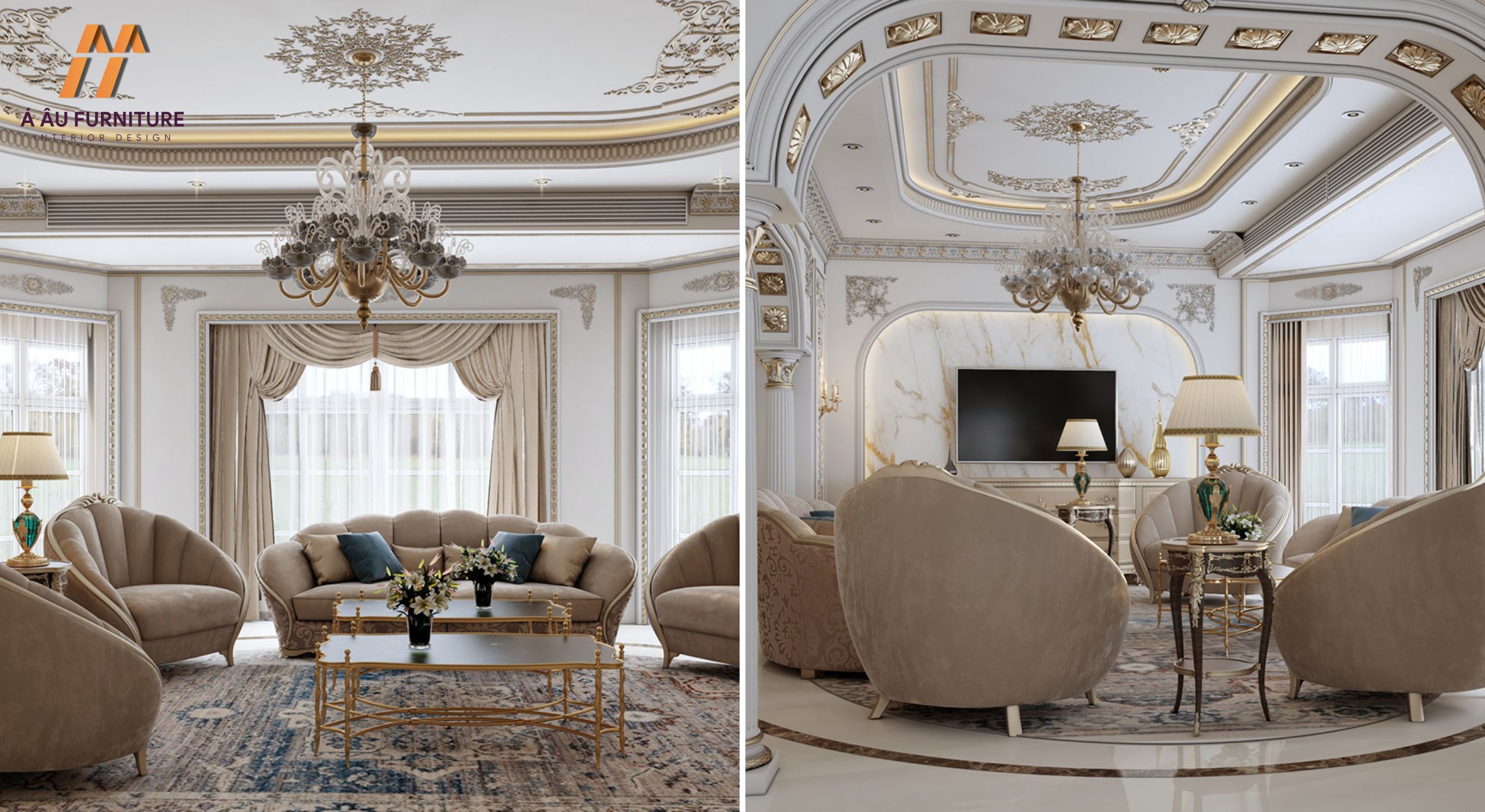 Mẫu phòng khách cổ điển với gam màu nhẹ nhàng, thanh lịch