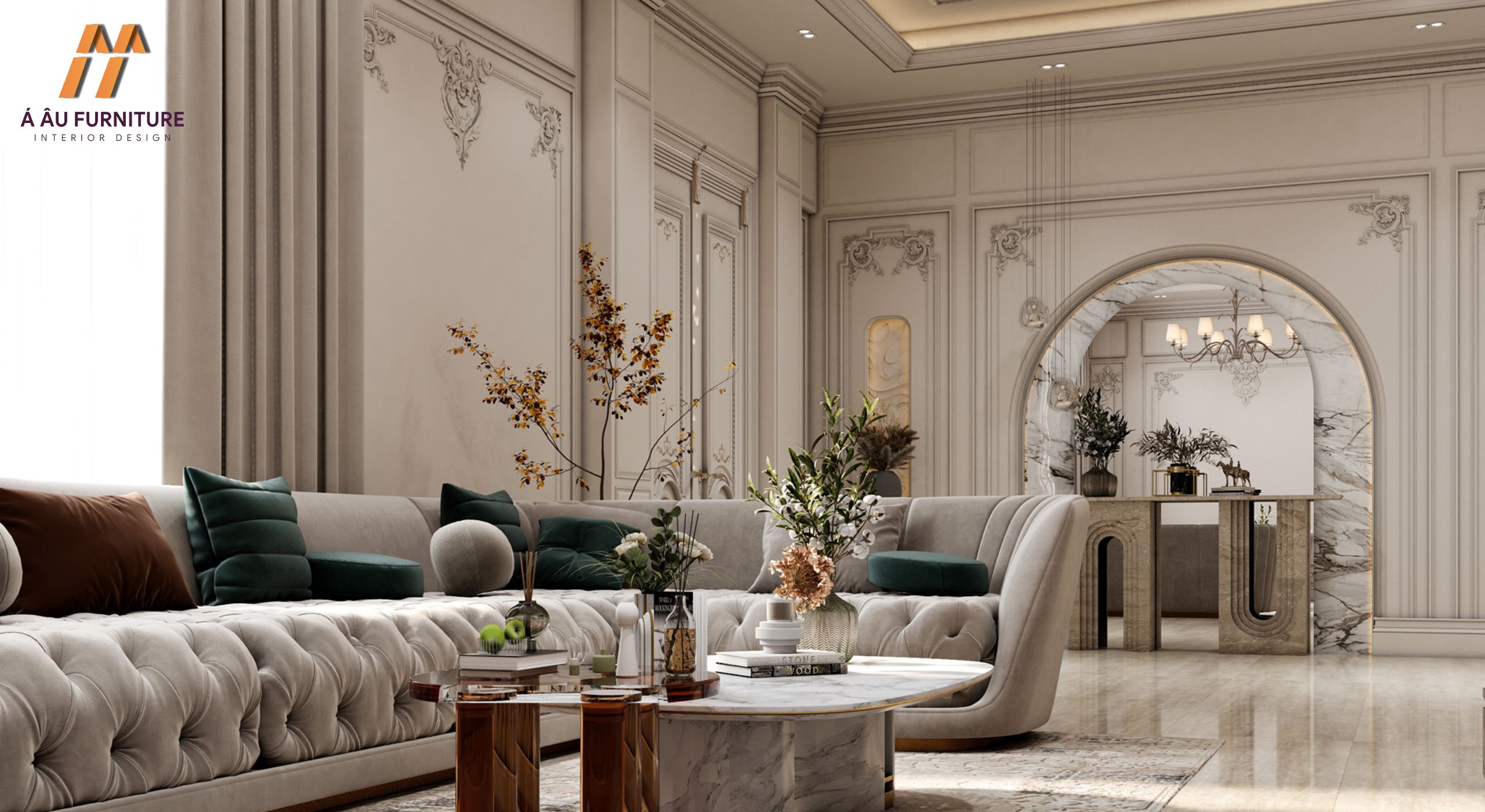 Mẫu phòng khách cổ điển với gam màu nhẹ nhàng, thanh lịch