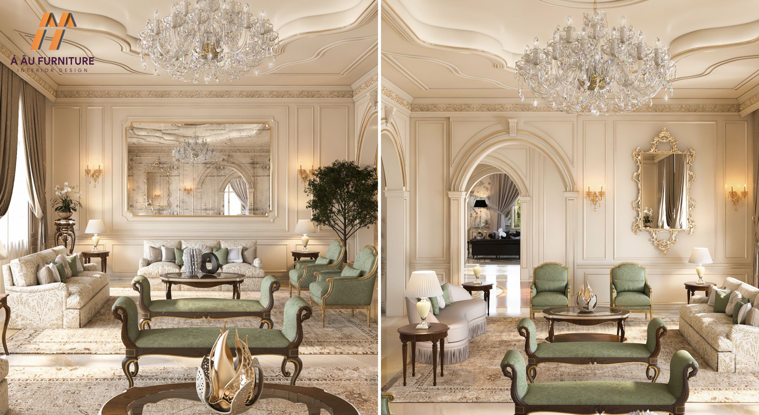 Mẫu phòng khách cổ điển với gam màu nhẹ nhàng, thanh lịch