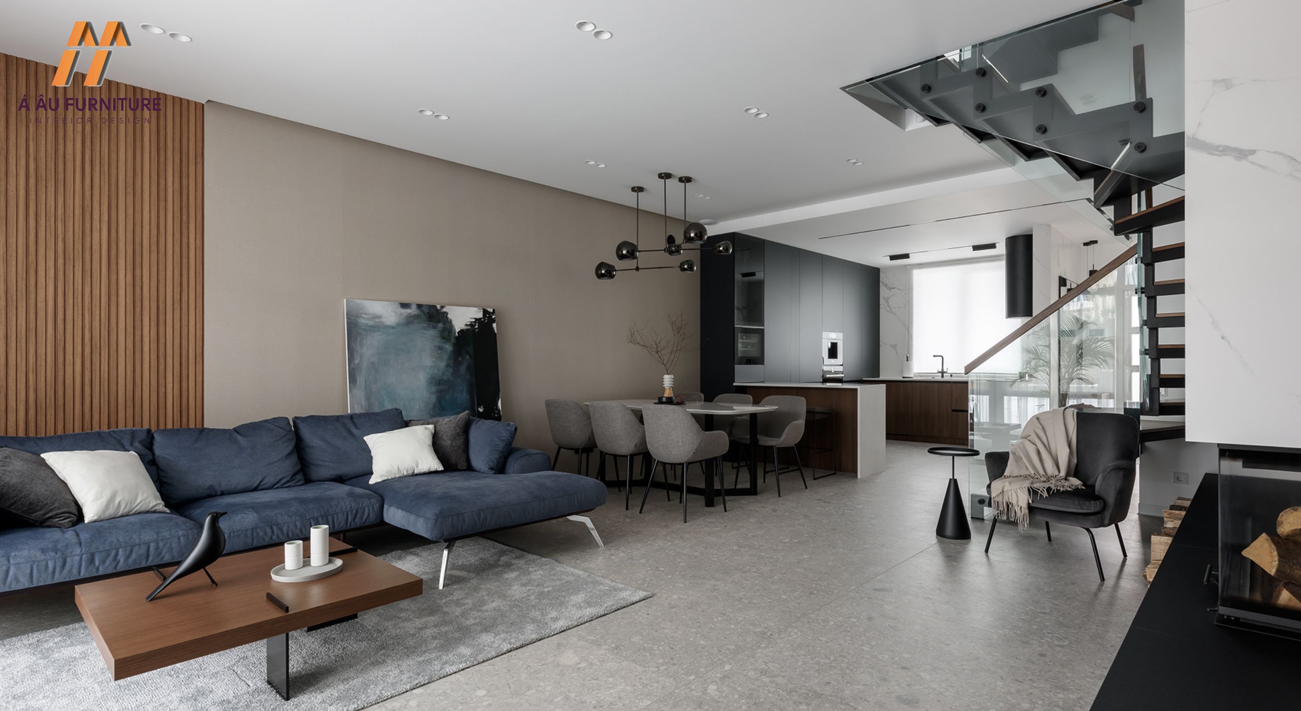 Phòng khách liền bếp 30m2 cho nhà phố hiện đại, phối màu đặc biệt