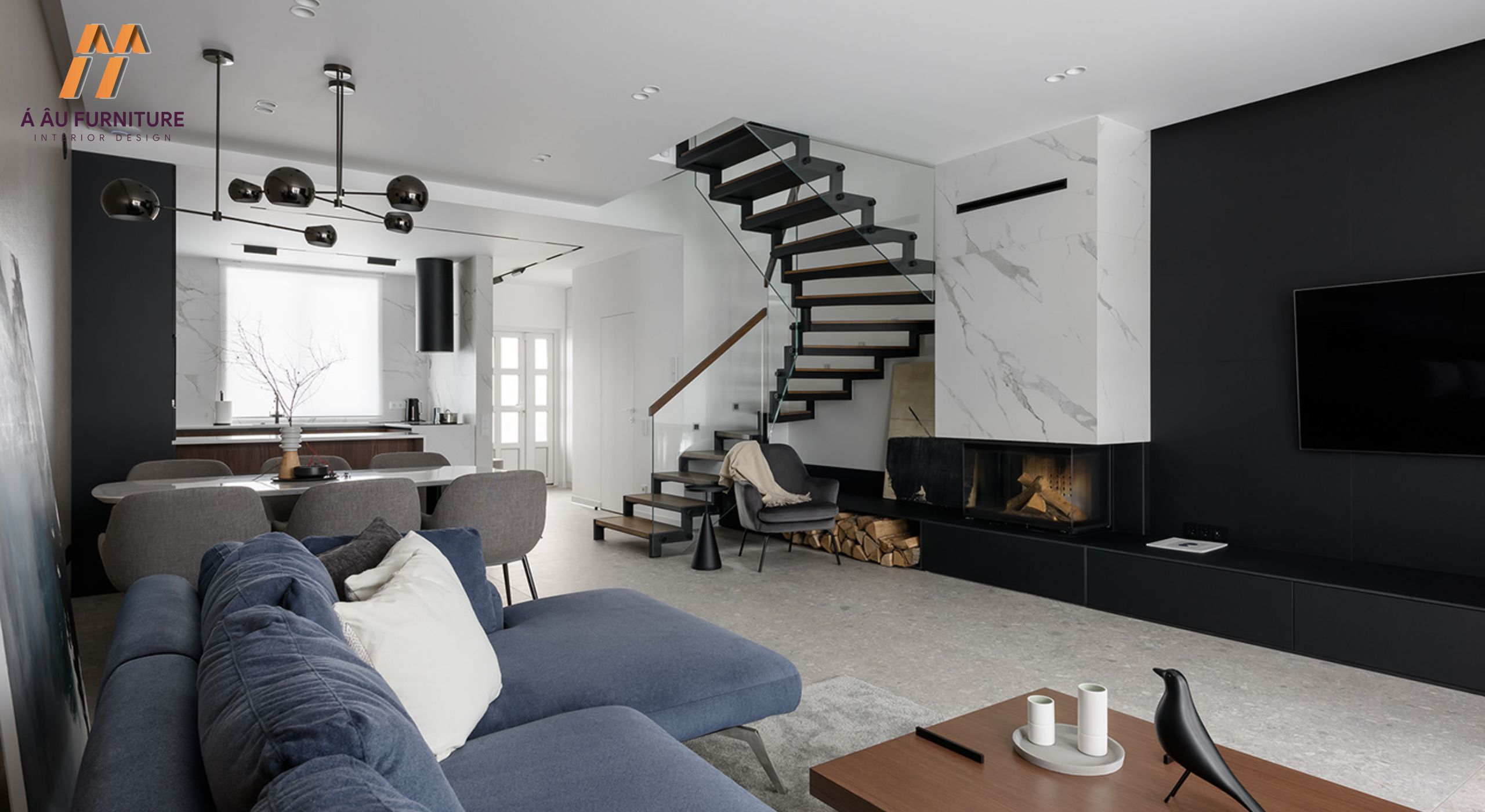 Phòng khách liền bếp 30m2 cho nhà phố hiện đại, phối màu đặc biệt