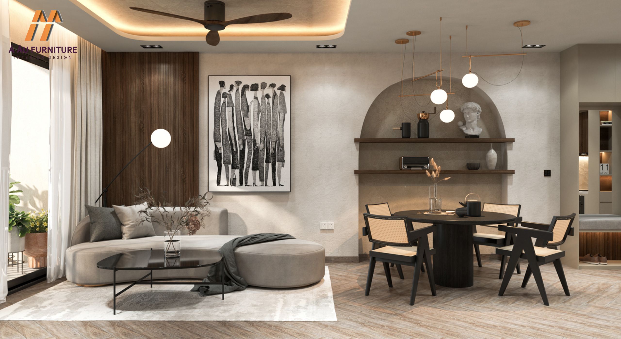 Thiết kế phòng khách liền bếp tối giản cho căn hộ chung cư