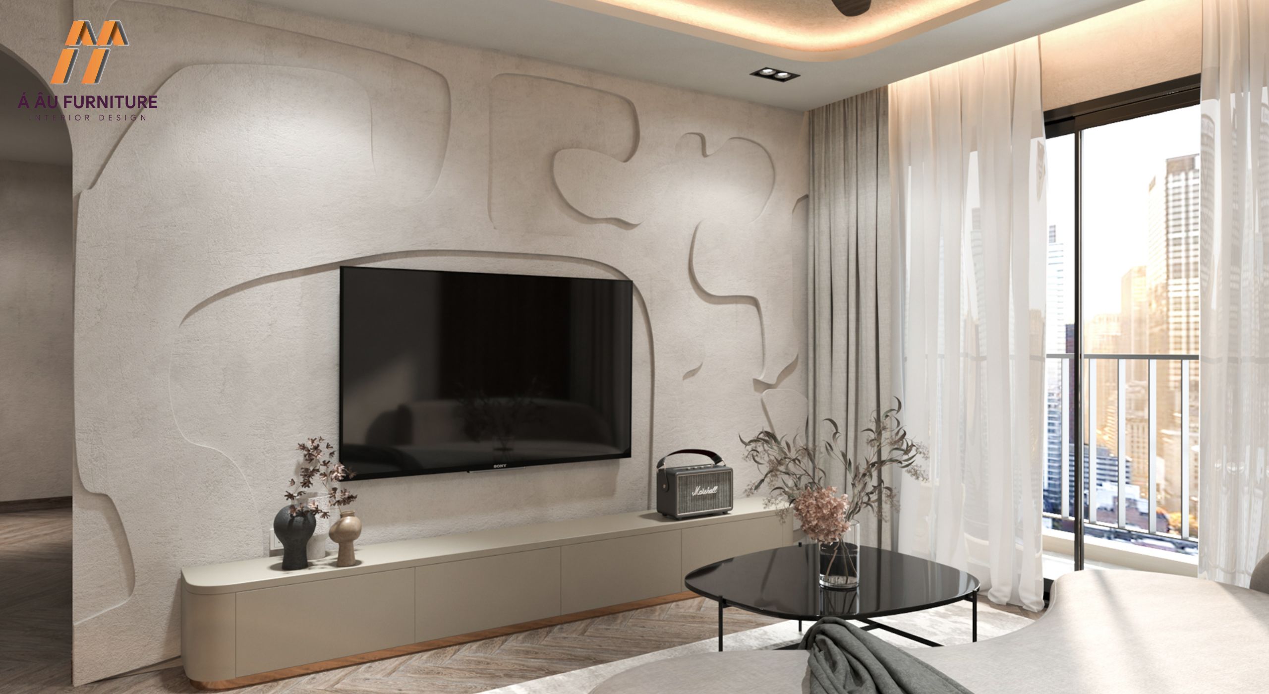 Thiết kế phòng khách liền bếp tối giản cho căn hộ chung cư