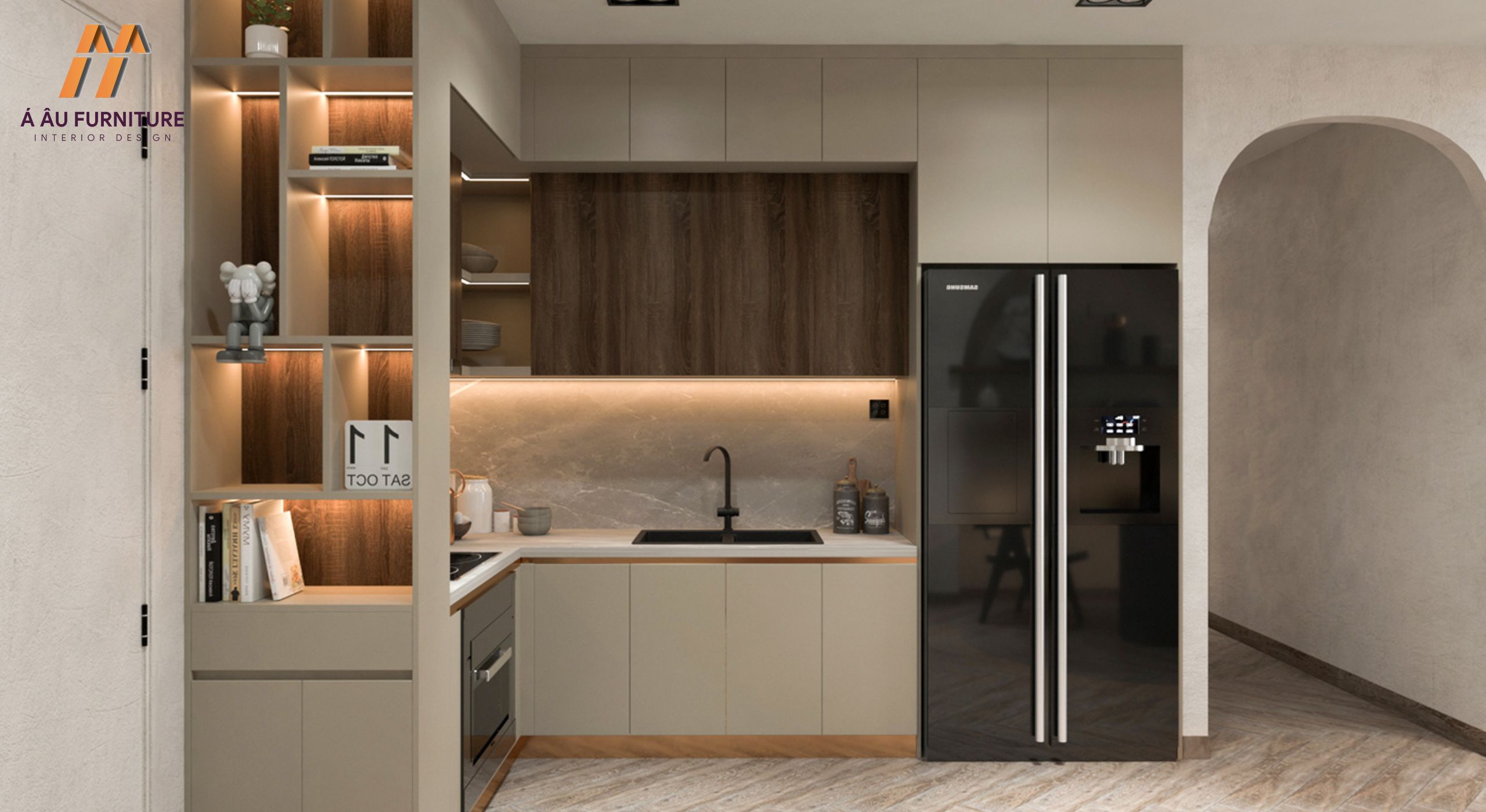 Thiết kế phòng khách liền bếp tối giản cho căn hộ chung cư