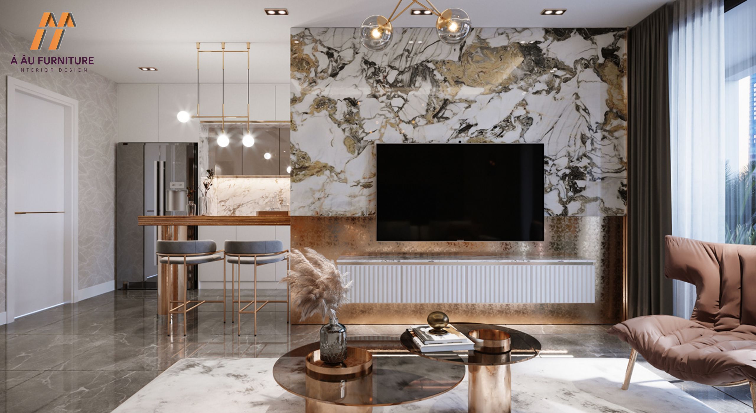 Phòng khách liền bếp 30m2 phong cách Luxury ấn tượng