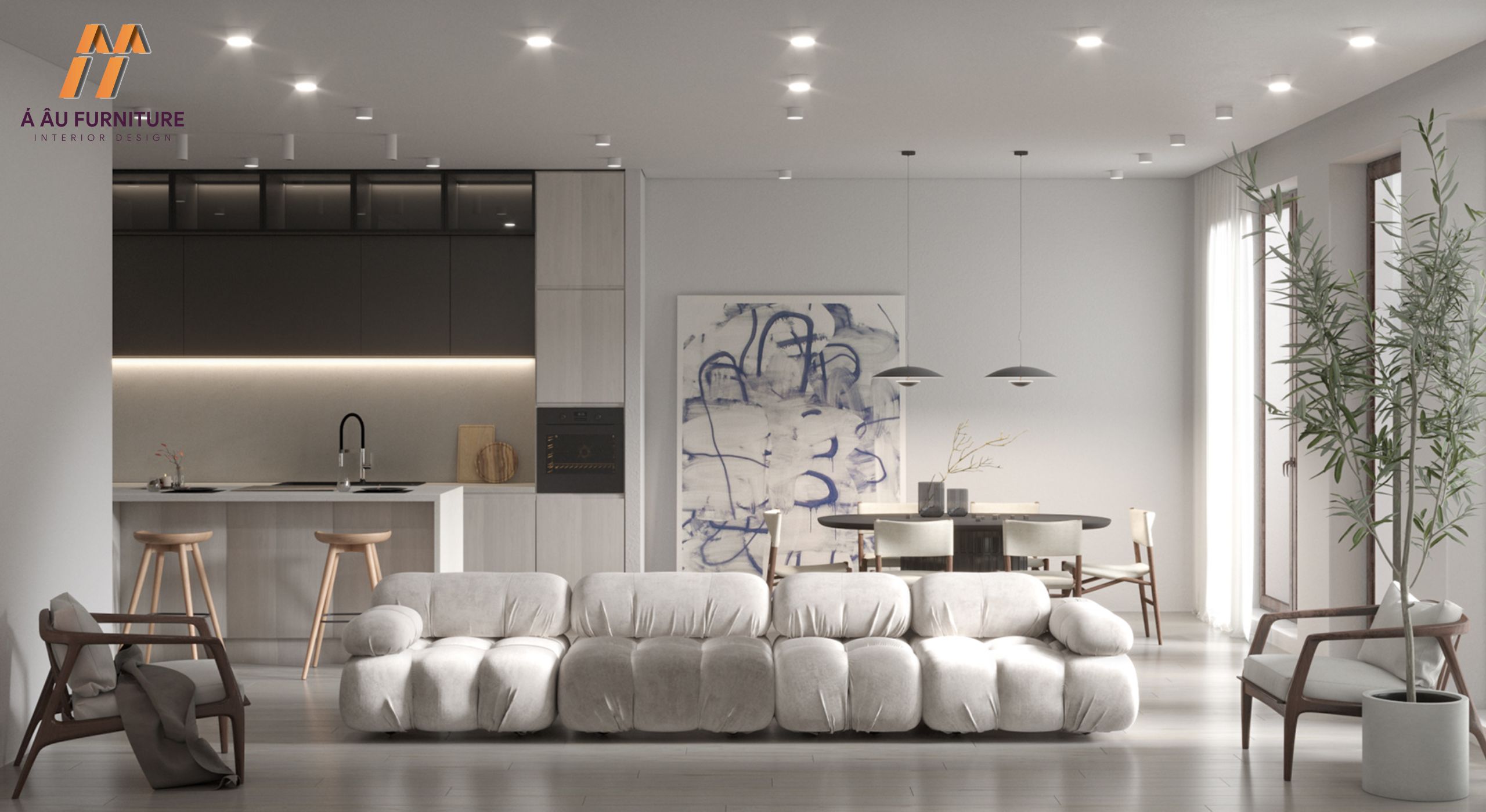 Phòng khách liền bếp 30m2 nhà chung cư với tông trắng xám thanh lịch, hiện đại