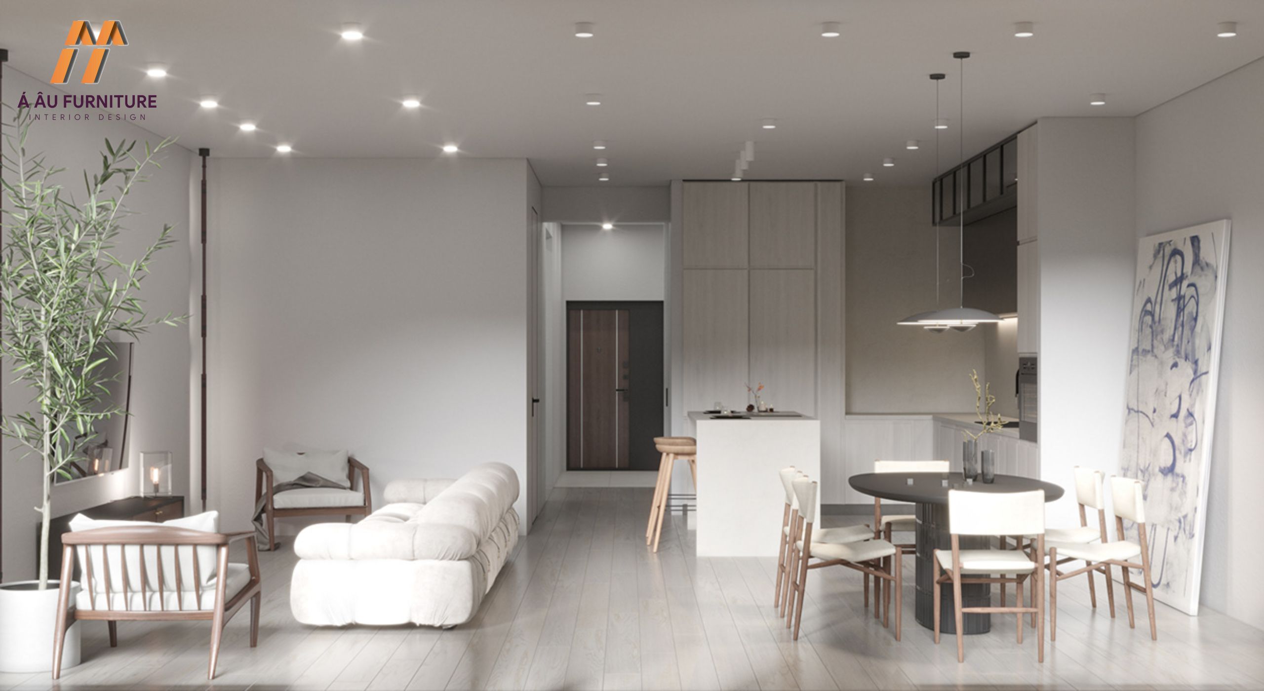 Phòng khách liền bếp 30m2 nhà chung cư với tông trắng xám thanh lịch, hiện đại