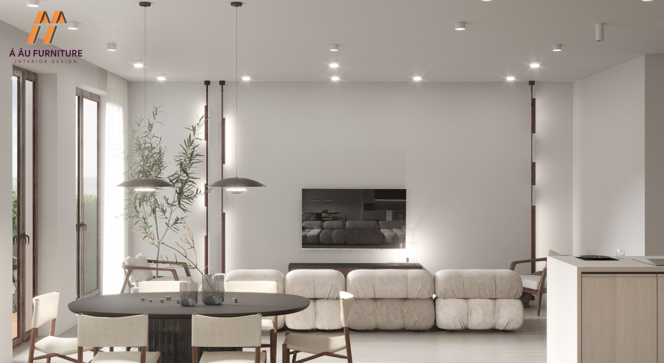 Phòng khách liền bếp 30m2 nhà chung cư với tông trắng xám thanh lịch, hiện đại